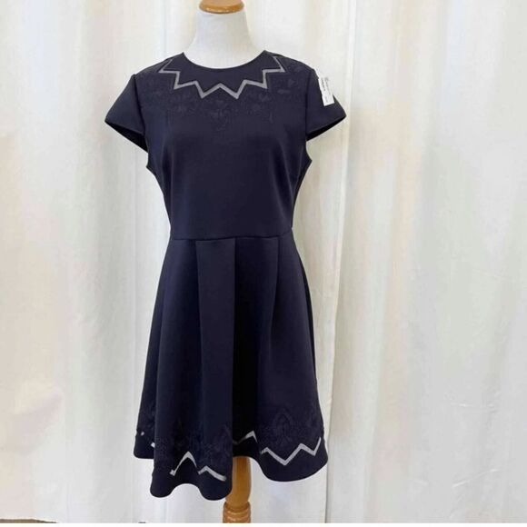 Ted Baker Cheskka Lace and Mesh Skater Dress Dark Blue Navy Floral Embroidery - Picture 13 of 16